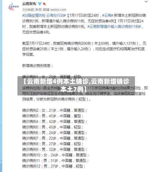 【云南新增4例本土确诊,云南新增确诊本土7例】